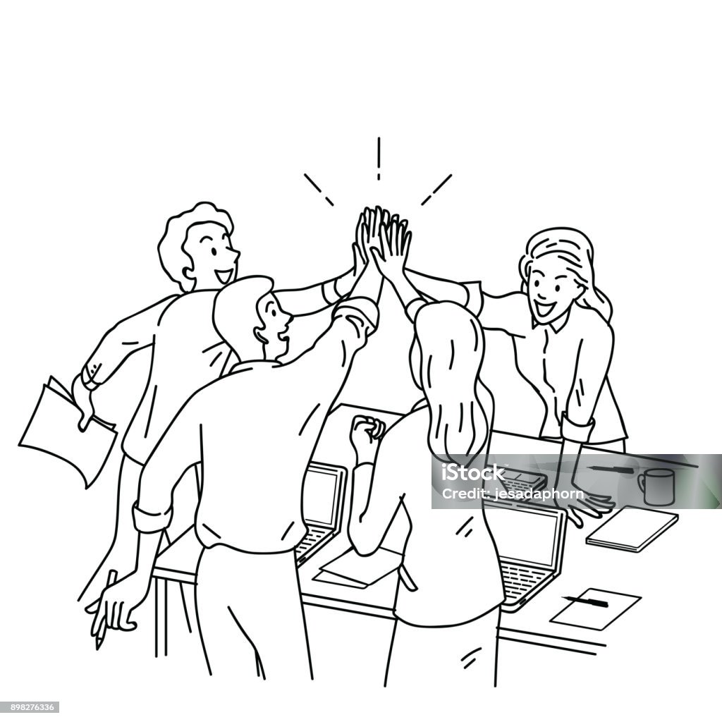 Business people giving high five Group of businesspeople, man and woman, giving high five in business concept of corporate, success, congratulation. Outline, linear, thin line art, hand drawn sketch design. People stock vector