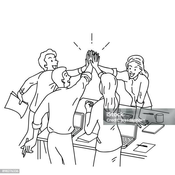 Business People Giving High Five Stock Illustration - Download Image Now - People, Doodle, Line Art