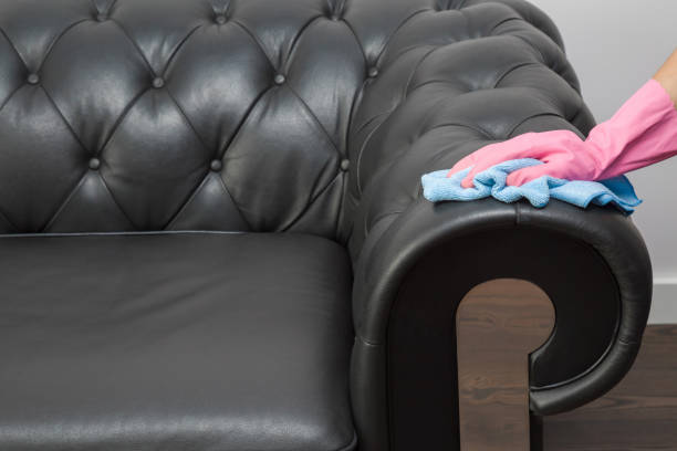 istock Employee hand in rubber protective glove with microfiber cloth cleaning luxury black leather chester sofa. Upholstered furniture. Early spring or regular clean up. Commercial cleaning company concept. 898277252