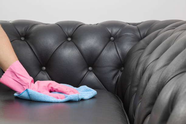 istock Employee hand in rubber protective glove with microfiber cloth cleaning luxury black leather chester sofa. Upholstered furniture. Early spring or regular clean up. Commercial cleaning company concept. 898277310