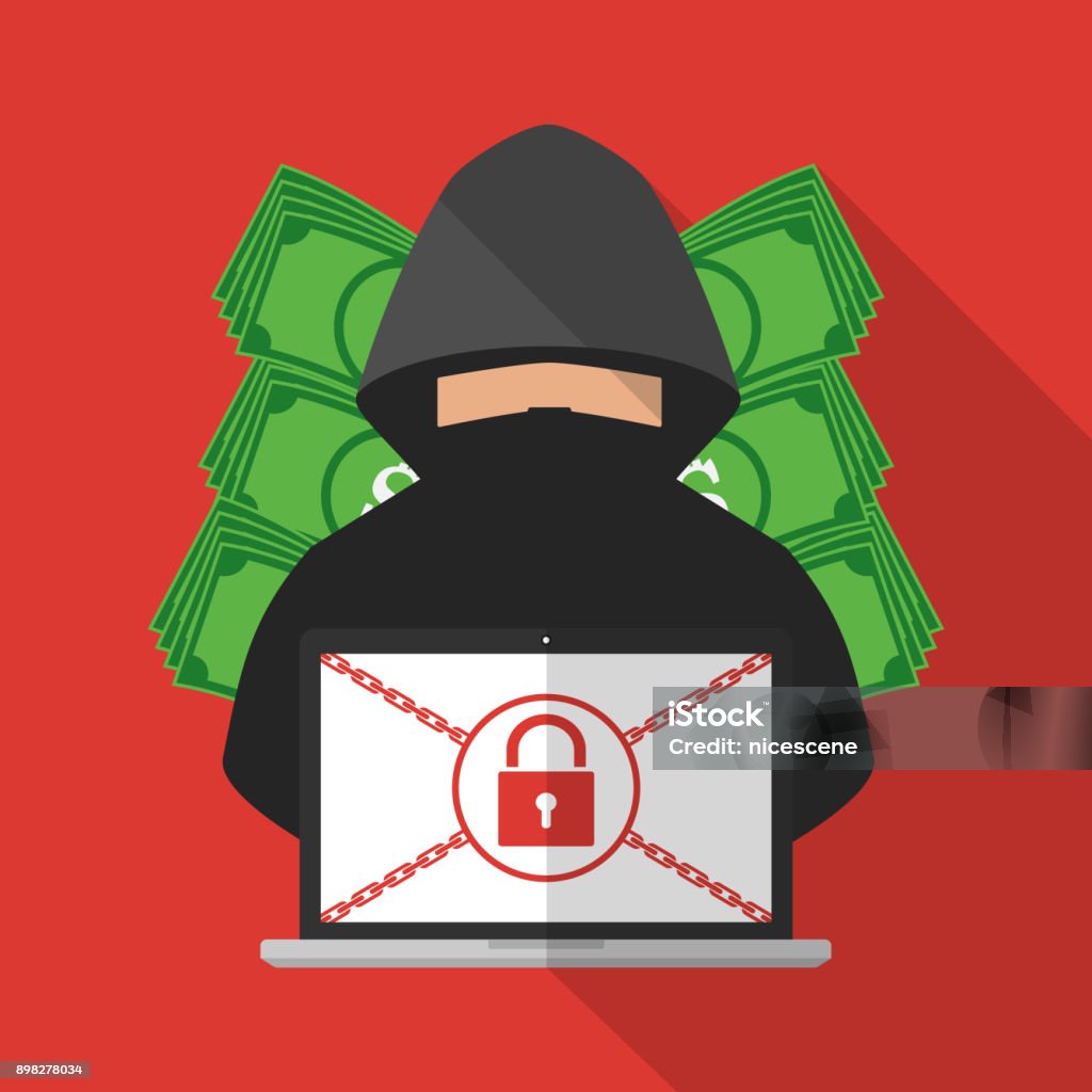 Ict Drawing Ransom Thief Hacker Locked Victim Computer Laptop For Ransom With Ransomware ...