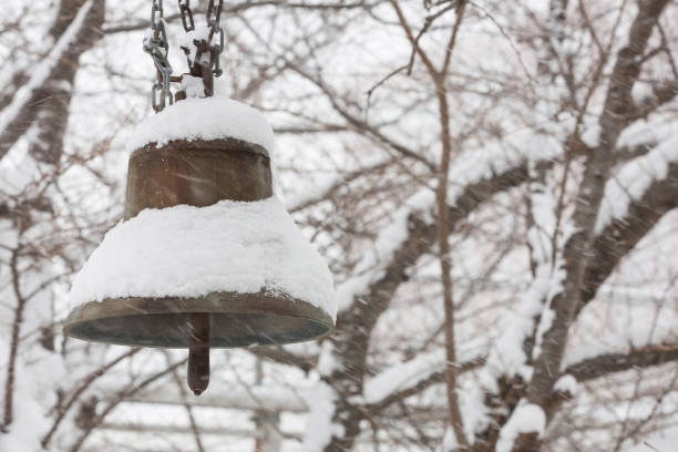 old bell on the tree with snow in the winter