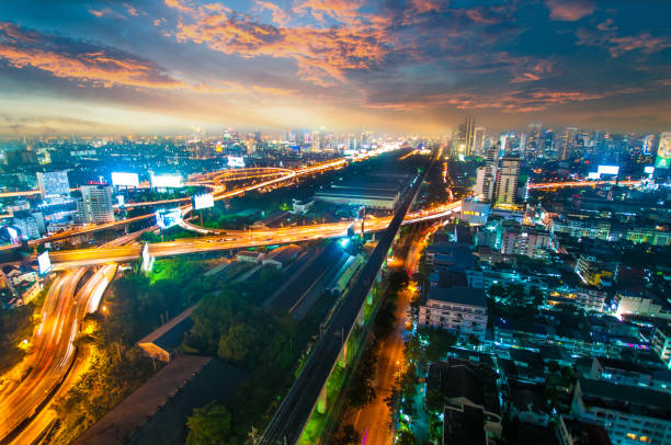 istock Panoramic view Cityscape business district from aerial view high building at dusk (Bangkok, Thailand) 898279100