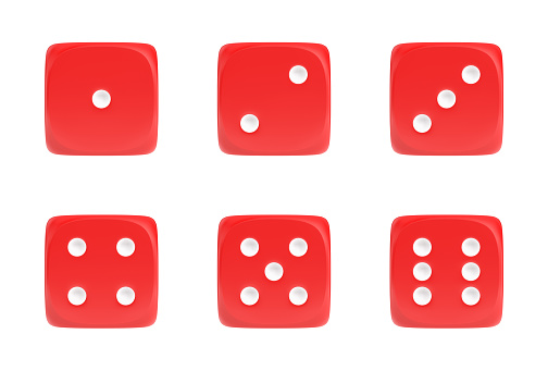 3d rendering of a set of six red dice in front view with white dots showing different numbers. Bets and wagers. Gambling and casino. Win or lose.