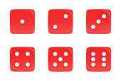3d rendering of a set of six red dice in front view with white dots showing different numbers