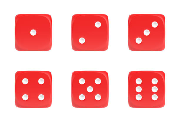 3d rendering of a set of six red dice in front view with white dots showing different numbers 3d rendering of a set of six red dice in front view with white dots showing different numbers. Bets and wagers. Gambling and casino. Win or lose. dice stock pictures, royalty-free photos & images