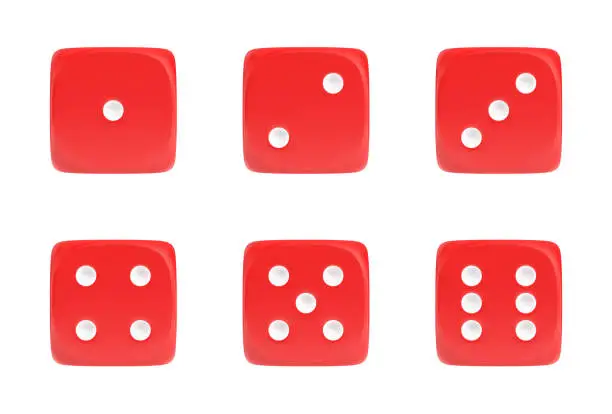 Photo of 3d rendering of a set of six red dice in front view with white dots showing different numbers