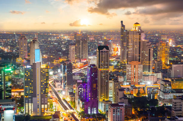 istock Panoramic view Cityscape business district from aerial view high building at dusk (Bangkok, Thailand) 898279130