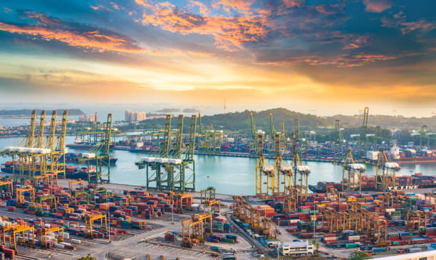 контейнер грузовое судно с рабочим краном моста на верфи в сингапуре - singapore shipping cargo container nautical vessel стоковые фото и изображения