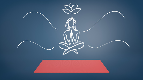 A red yoga mat on a blue background with a chalk drawn woman in a lotus pose hovering above it. Health and sport. Yoga and pilates. Meditation techniques.