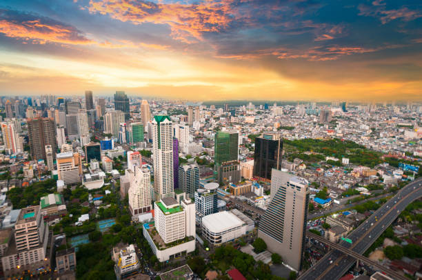 istock Panoramic view Cityscape business district from aerial view high building at dusk (Bangkok, Thailand) 898279334