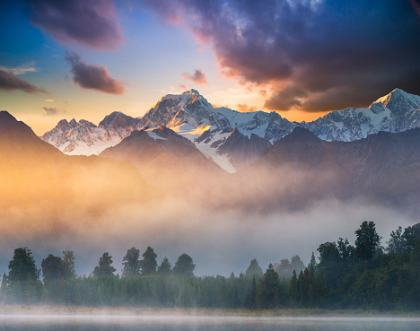 Beautiful scenery landscape of the Matheson Lake Fox Glacier town Southern Alps Mountain Valleys New Zealand