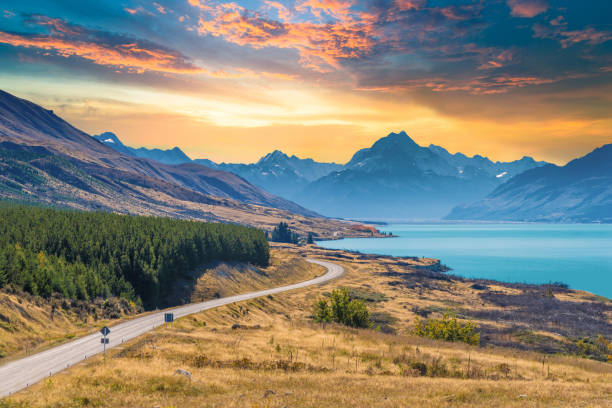 Panoramic view nature landscape in south island New Zealand stock photo