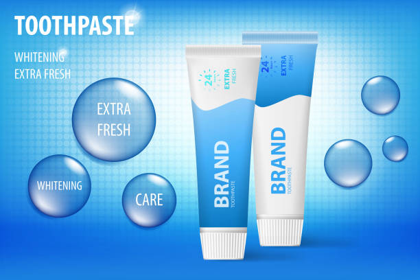 ホワイトニング歯磨き粉の概念、青の背景に分離されました。web サイト、ポスター広告およびマーケティングの歯のモデルと製品パッケージです。3 d ベクトル歯磨きイラスト - dental hygiene branding packaging toothpaste点のイラスト素材／クリップアート素材／マンガ素材／アイコン素材