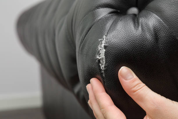 Woman's hand showing to the black leather sofa damaged corner. Problem concept. Woman's hand showing to the black leather sofa damaged corner. Problem concept. leather couch stock pictures, royalty-free photos & images