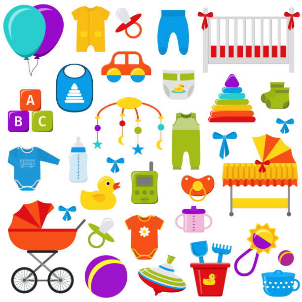 illustrazioni stock, clip art, cartoni animati e icone di tendenza di set di giocattoli per bambini. illustrazione vettoriale. - body shape