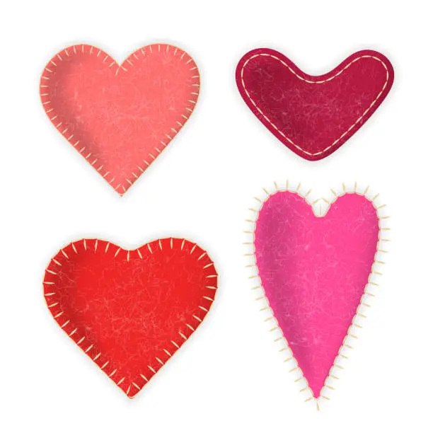 Vector illustration of Vector collection of felt realistic red hearts.