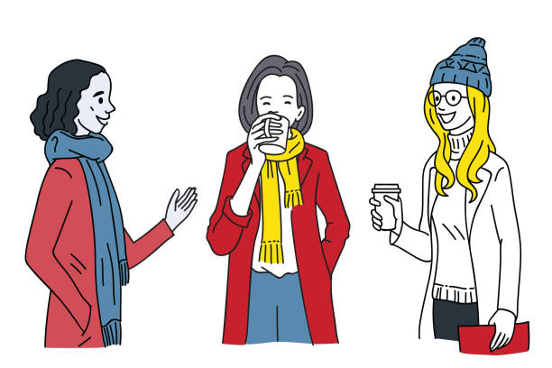kobiety rozmawiają ze sobą w sezonie zimowym - heat beautiful joy happiness stock illustrations