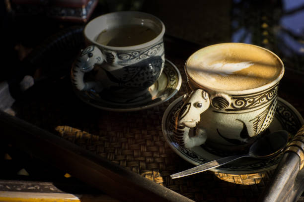 vintage cup of coffee and hot tea in the morning