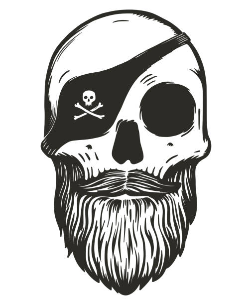 Pirate skull with beards and mustache wearing eye patch pirate skull vector illustration one eyed stock illustrations