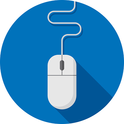 Vector illustration of a computer mouse against a blue background in flat style.