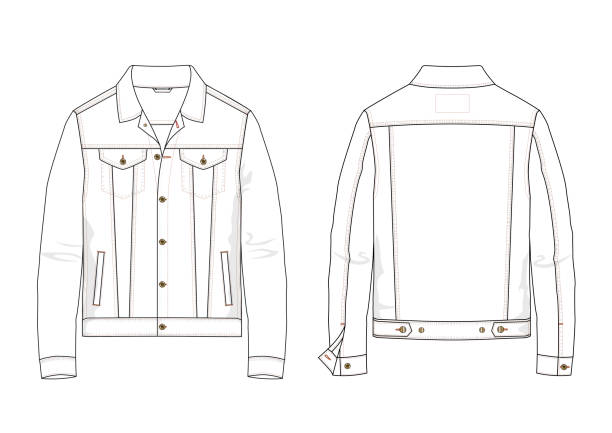 ilustraciones, imágenes clip art, dibujos animados e iconos de stock de chaqueta de denim de hombres de moda dibujo técnico - denim jacket