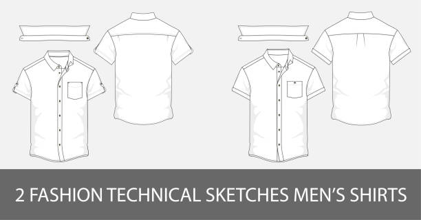 2 Fashion technical sketches men's shirt with short sleeves and patch pockets 2 Fashion technical sketches men's shirt with short sleeves and patch pockets in vector short sleeved stock illustrations