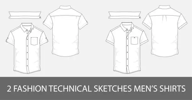 Vector illustration of 2 Fashion technical sketches men's shirt with short sleeves and patch pockets