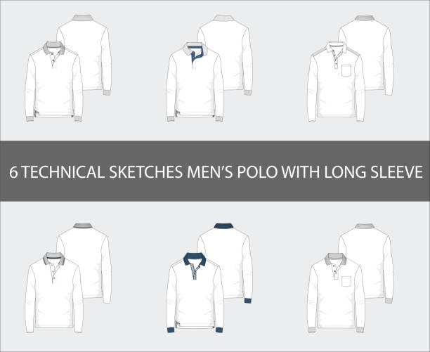 패션 기술 스케치 세트의 남자의 짧은 긴 폴로 셔츠 - polo shirt t shirt shirt drawing stock illustrations