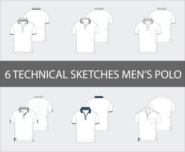 패션 기술 스케치 세트의 남자 짧은 소매 폴로 셔츠 - polo shirt t shirt shirt drawing stock illustrations