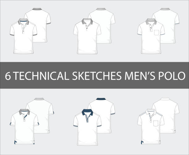 мода технические эскизы набор мужских короткий рукав поло рубашки - polo shirt t shirt shirt drawing stock illustrations