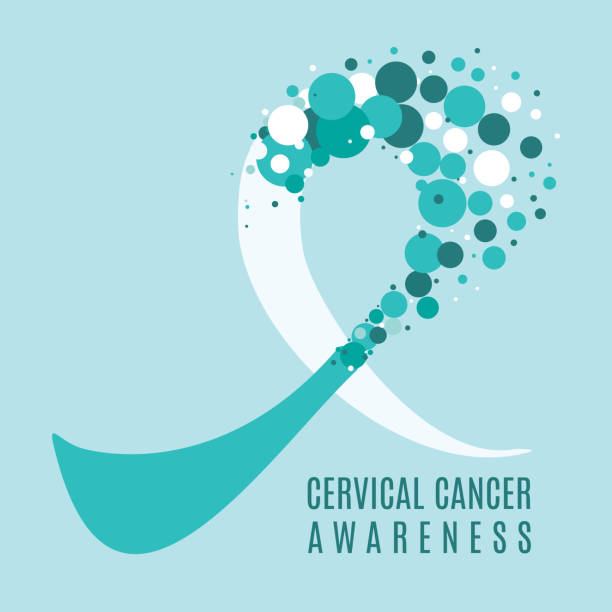Cervical cancer awareness ribbon Cervical cancer poster with teal and white ribbon made of dots on blue background. Ovarian disease symbol for January awareness month. Medical concept. Vector illustration. body conscious stock illustrations
