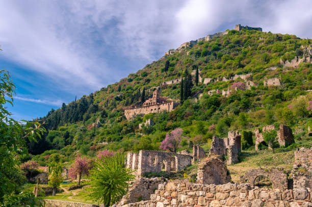 Ruins of the archaeological medieval town of Mystras stock photo
