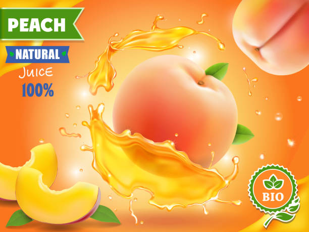 ilustrações de stock, clip art, desenhos animados e ícones de peach juice. realistic splash of juice with peach advertising. - peach juice