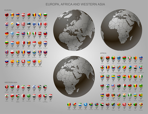 Globes with Europe, Africa and Western Asia with borders of Sovereign states and map marker set with state flags of continents with captions in alphabet 