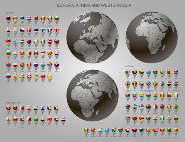 Map markers with flags Europe, Africa and Western Asia and globe set Globes with Europe, Africa and Western Asia with borders of Sovereign states and map marker set with state flags of continents with captions in alphabet  israel egypt border stock illustrations