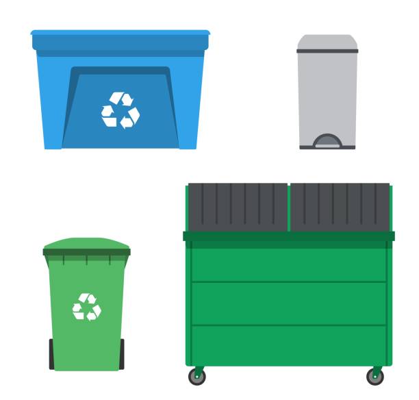 Thrash and recycling can. Garbage container set. Thrash and recycling can. Garbage rubbish trash container set. Wheeled dumpster. Vector illustration. recycling illustrations stock illustrations