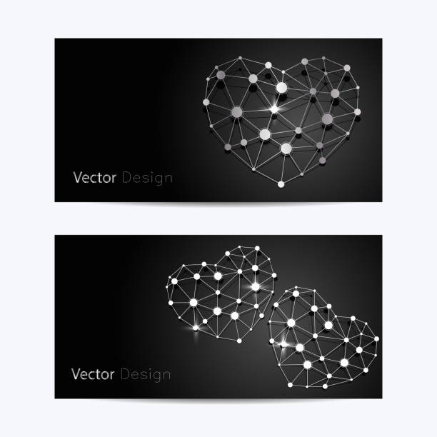 istock Set of horizontal banners. Abstract silver hearts made of connected lines and dots on black background 898315964