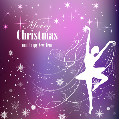 Christmas and New Year greeting card with tender ballerina and snowflakes.