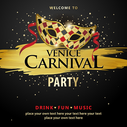 An invitation to the Venice Carnival Party with carnival mask on the black colored background