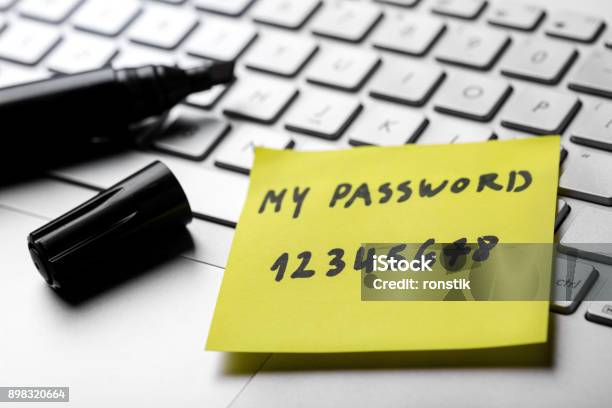 Sticky Note With Weak Easy Password On Laptop Keyboard Stock Photo - Download Image Now