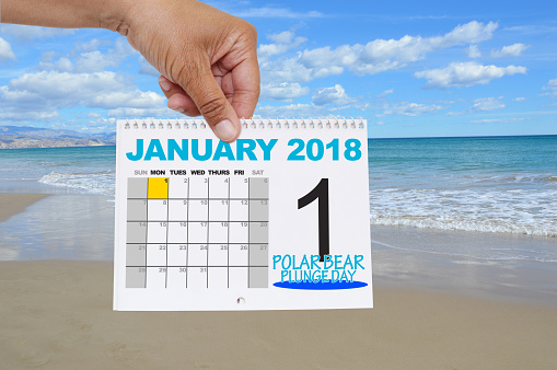 Polar Bear Plunge Day January 2018 Calendar held in hand beach in background