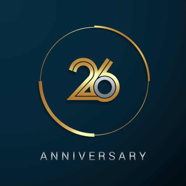 26 Years Anniversary icon with  Gold and Silver Multi Linear Number in a Golden Circle , Isolated on Dark Background Can be use as graphic resources for greeting card, event celebration icon, etc. number 26 stock illustrations