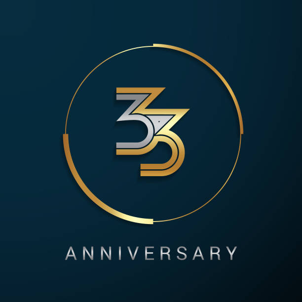 33 Years Anniversary icon with  Gold and Silver Multi Linear Number in a Golden Circle , Isolated on Dark Background Can be use as graphic resources for greeting card, event celebration icon, etc. number 33 stock illustrations