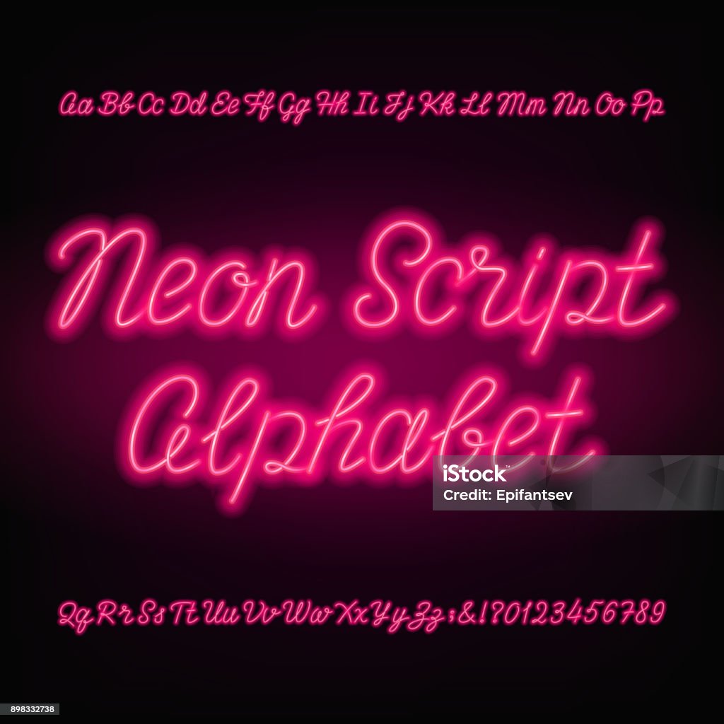 Neon script alphabet font. Handwriting neon uppercase and lowercase letters. Neon script alphabet font. Handwriting neon uppercase and lowercase letters and numbers. Hand drawn vector typeface for your headers or any typography design. Neon Lighting stock vector