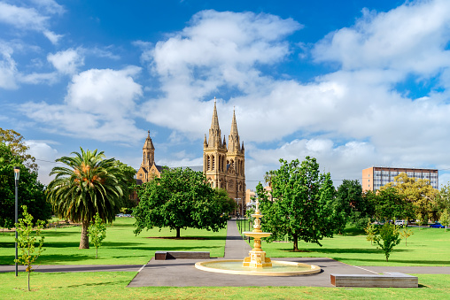 St. Peter's Cathedral in Adelaide city viewed across Pennington Gardens, South Australia