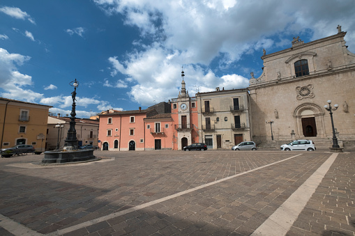 Popoli (L'Aquila, Abruzzi, Italy): historic buildings in Piazza della Liberta, the main square of the city. Facade of the San Francesco church, 15th century