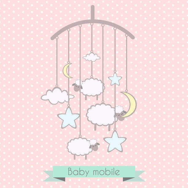 Baby mobile with little lambs and clouds Baby mobile with little lambs, stars, moon and clouds. Baby shower invitation, template for scrapbooking, cards. Vector illustration. hanging mobile stock illustrations