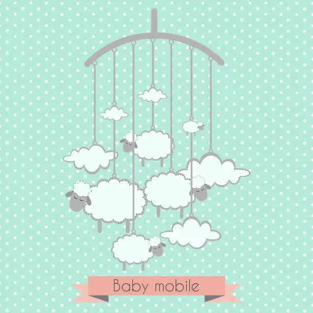 Vector illustration of Baby mobile with little lambs and clouds