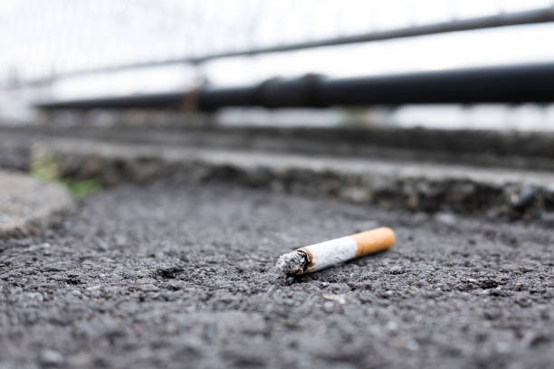 tossed cigarette on the asphalt - mannered imagens e fotografias de stock